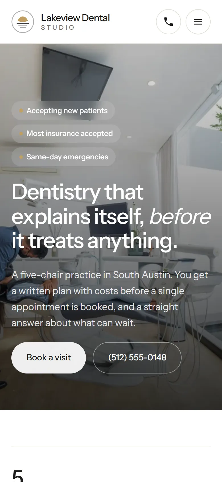 The Lakeview Dental Studio homepage on a phone: the practice headline over a treatment room photograph, with a Book a visit button.