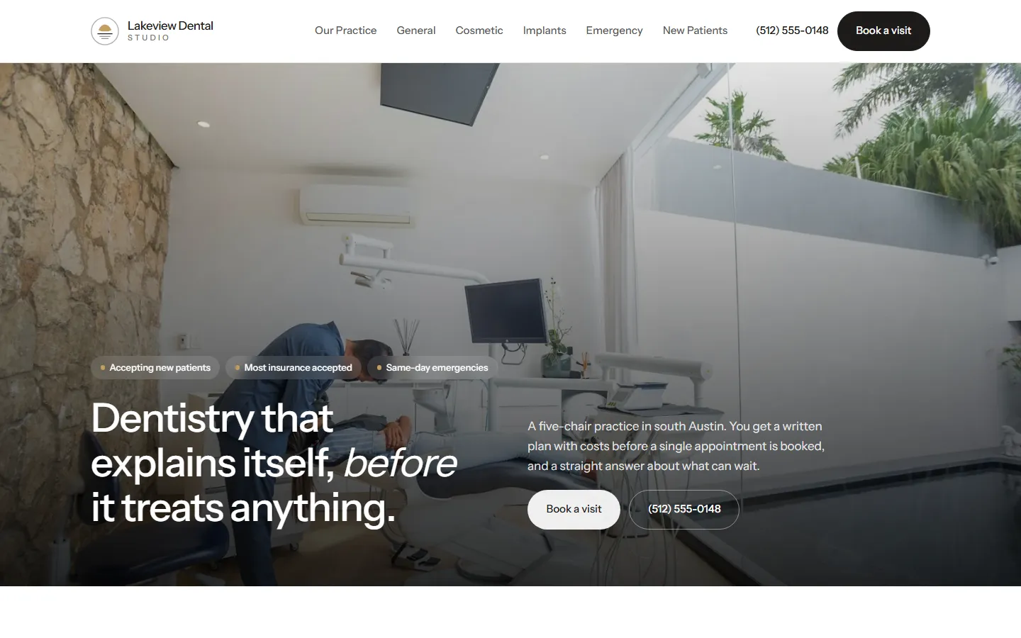 The Lakeview Dental Studio homepage, showing a bright full-width photograph of a treatment room with the practice headline laid over it.