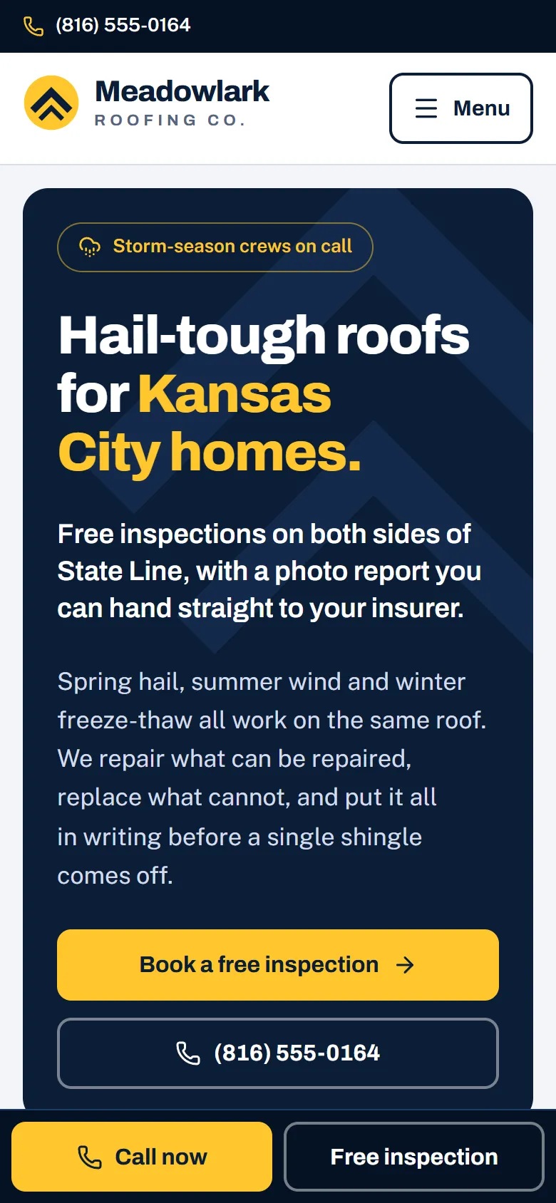 The Meadowlark Roofing Co. homepage on a phone: the hail-tough roofs headline on navy, a Book a free inspection button and a sticky call bar.