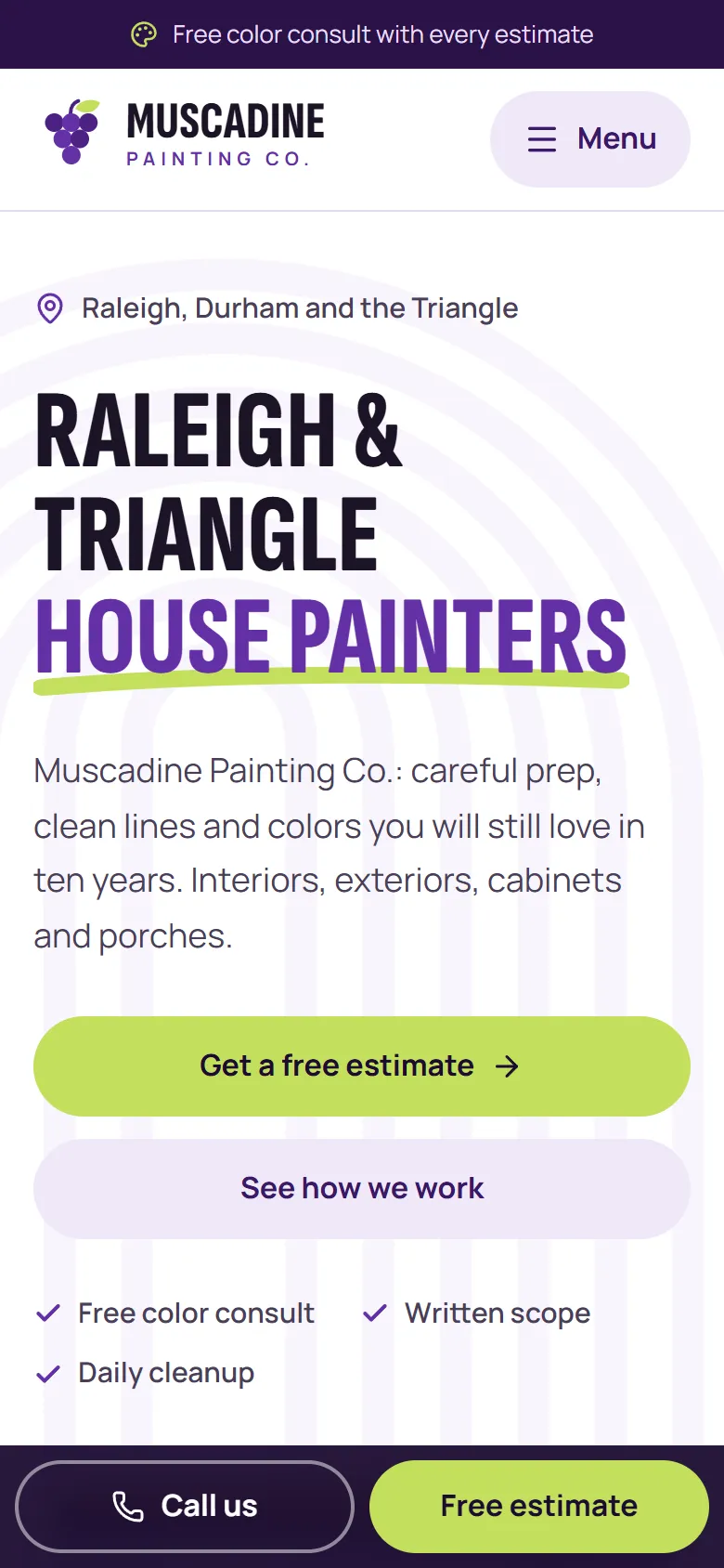The Muscadine Painting Co. homepage on a phone: the Raleigh and Triangle house painters headline, a Get a free estimate button and a sticky call bar.