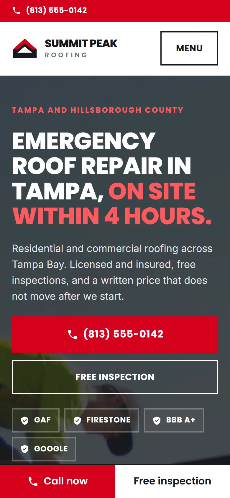 The Summit Peak Roofing homepage on a phone: the emergency roof repair headline, a tap-to-call button and a sticky call bar.