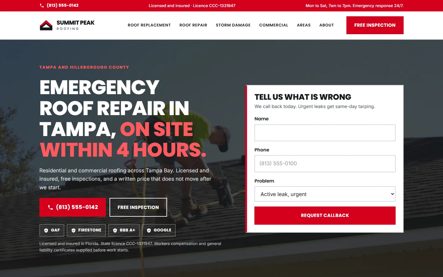 The Summit Peak Roofing homepage, showing a dark photographic hero with an emergency roof repair headline and an enquiry form.